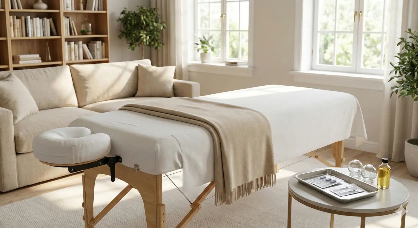 A calm and relaxing in-home acupuncture housecall treatment setup in a living room
